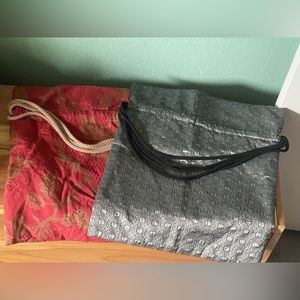 Two Vintage Yolanda Kwan Grey And Red bags Drawstring 16x14”